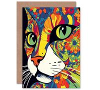 Artery8 Vivid Colourful Cat Lovers Painting Custom Greeting Card Personalised Message Inside for Him or Her Man Woman Birthday Thank You Congratulations