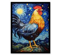 Artery8 Waiting For The Dawn Rooster Cockerel In Van Gogh Starry Night Style Art Print Framed Poster Wall Decor in Black | Size: W12" x H16" Artery8 Black W12" x H16"