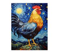 Artery8 Waiting For The Dawn Rooster Cockerel In Van Gogh Starry Night Style Unframed Wall Art Print Poster Home Decor Premium | Size: W18" x H24" Artery8 Multicolor W18" x H24"