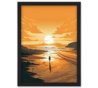 Artery8 Walk into the Sunset Sand Beach Coastal Landscape Artwork Framed Wall Art Print A4