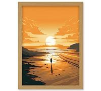 Walk into the Sunset Sand Beach Coastal Landscape Artwork Framed Wall Art Print A4 Artery8 Light Oak One Size