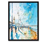 Artery8 Walk on the Promenade Watercolour Painting Framed Art Print in Blue | Size: W12" x H16" Artery8 Blue W12" x H16"