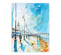 Artery8 Walk on the Promenade Watercolour Painting Wall Art Print in Blue | Size: W12" x H16" Artery8 Blue W12" x H16"
