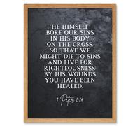 Artery8 Wall Art Print 1 Peter 2:24 He Himself Bore Our Sins Christian Bible Verse Quote Scripture Typography Art Framed | Size: W12" x H16" Artery8 Light Oak W12" x H16"