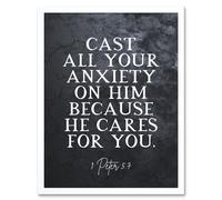 Wall Art Print 1 Peter 5:7 Cast All Your Anxiety On Him Christian Bible Verse Quote Scripture Typography Art Framed Artery8 White W12 inch x H16 inch