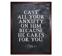 Artery8 Wall Art Print 1 Peter 5:7 Cast All Your Anxiety On Him Christian Bible Verse Quote Scripture Typography Art Framed | Size: W12" x H16" Artery8 Brown W12" x H16"