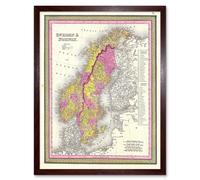 Artery8 Wall Art Print 1850 Mitchell Vintage Map Scandinavia Colour Coding Sweden & Norway Art Framed in Brown | Size: W12" x H16" Artery8 Brown W12" x H16"