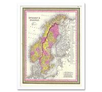 Artery8 Wall Art Print 1850 Mitchell Vintage Map Scandinavia Colour Coding Sweden & Norway Art Framed in White | Size: W12" x H16" Artery8 White W12" x H16"
