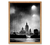Artery8 Wall Art Print 1950s Black & White New York Rainy Mist Cityscape Art Framed in Light Oak | Size: W12" x H16" Artery8 Light Oak W12" x H16"
