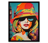 Artery8 Wall Art Print 1960s London Chic Retro Neon Orange Blue Woman Portrait With Big Ben Vibrant Bold Bright Colourful Painting Art Framed Artery8 Multicolor W12" x H16"