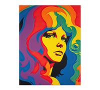 Wall Art Print 1960's Retro Portrait Woman Psychedelic Rainbow Colours Vibrant Bold Bright Colourful Painting Poster Artery8 Multi W24 inch x H32 inch