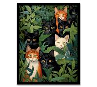 Artery8 5 Black Cats By Julia Davidson Quirky Black Ginger White Cat Group In Green Botanicals Artwork Framed Wall Art Print A4