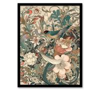 Artery8 Wall Art Print A Bird In An Abstract Oasis Of Delicate Flowers Pastel Colour Painting Teal White Pink Wildflower Spring Blooms Art Framed Artery8 Green W12" x H16"