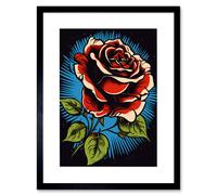 Artery8 Wall Art Print A Blooming Rose Old School USA Tattoo Ink Body Art Rockabilly Americana 50s Artwork Framed 9X7 Inch in Black | Size: W7" x H9" Artery8 Black W7" x H9"