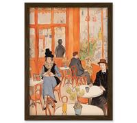 Wall Art Print A Bustling Parisian Cafe in the Style of Toulouse Lautrec Paris French Orange Artwork Framed A4 Artery8 Brown A4