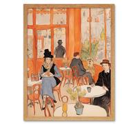 Artery8 Wall Art Print A Bustling Parisian Cafe in the Style of Toulouse Lautrec Paris French Orange Art Framed in Light Oak | Size: W12" x H16" Artery8 Light Oak W12" x H16"