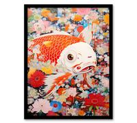 Artery8 Wall Art Print A Fish Out Of Water Superflat Japan Koi Carp Floral Modern Artwork Art Framed in Black | Size: W12" x H16" Artery8 Black W12" x H16"