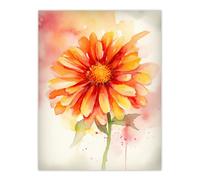 Artery8 A Single Gerbera Daisy Soft Watercolour Painting Pink Green Orange Spring Bloom Flower Nature Colourful Bright Floral Modern Artwork Large Wall Art Poster Print Thick Paper 18X24 Inch