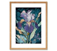 Artery8 Wall Art Print A Single Iris Flower Bloom Purple Teal & Yellow Artwork Framed 9X7 Inch in Beige | Size: W7" x H9" Artery8 Beige W7" x H9"