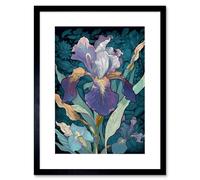 Artery8 Wall Art Print A Single Iris Flower Bloom Purple Teal & Yellow Artwork Framed 9X7 Inch in Black | Size: W7" x H9" Artery8 Black W7" x H9"
