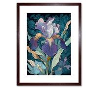 Artery8 Wall Art Print A Single Iris Flower Bloom Purple Teal & Yellow Artwork Framed 9X7 Inch in Brown | Size: W7" x H9" Artery8 Brown W7" x H9"