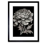 Artery8 Wall Art Print A Single Marigold Flower Black And White Linocut Artwork Framed 9X7 Inch