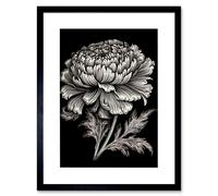 Artery8 Wall Art Print A Single Marigold Flower Black And White Linocut Artwork Framed 9X7 Inch
