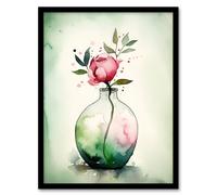 Artery8 Wall Art Print A Single Rose In A Glass Vase Watercolour Painting Green Pink Valentines Day Flower Romance Nature Colourful Bright Floral Artery8 Pink W12" x H16"