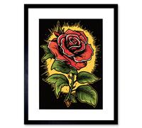 Artery8 Wall Art Print A Single Rose Old School USA Tattoo Ink Body Art Rockabilly Americana 50s Artwork Framed 9X7 Inch in Black | Size: W7" x H9" Artery8 Black W7" x H9"