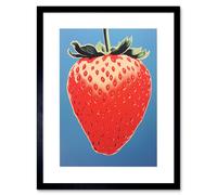 Artery8 Wall Art Print A Single Strawberry Block Colour Artwork Red on Blue Bold Bright Minimalist Kitchen Decor Artwork Framed 9X7 Inch Artery8 Black W7" x H9"