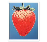 Artery8 Wall Art Print A Single Strawberry Block Colour Artwork Red on Blue Bold Bright Minimalist Kitchen Decor Art Framed | Size: W12" x H16" Artery8 White W12" x H16"