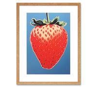 Artery8 Wall Art Print A Single Strawberry Block Colour Artwork Red on Blue Bold Bright Minimalist Kitchen Decor Artwork Framed 9X7 Inch Artery8 Beige W7" x H9"