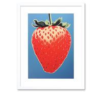 Artery8 Wall Art Print A Single Strawberry Block Colour Artwork Red on Blue Bold Bright Minimalist Kitchen Decor Artwork Framed 9X7 Inch Artery8 White W7" x H9"