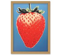 Artery8 A Single Strawberry Block Colour Artwork Red on Blue Bold Bright Minimalist Kitchen Decor Artwork Framed Wall Art Print A4