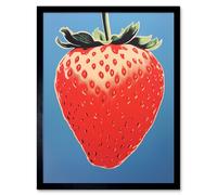 Artery8 Wall Art Print A Single Strawberry Block Colour Artwork Red on Blue Bold Bright Minimalist Kitchen Decor Art Framed | Size: W12" x H16" Artery8 Black W12" x H16"