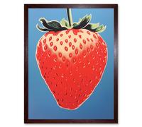 Artery8 Wall Art Print A Single Strawberry Block Colour Artwork Red on Blue Bold Bright Minimalist Kitchen Decor Art Framed | Size: W12" x H16" Artery8 Brown W12" x H16"