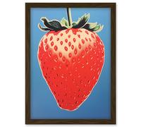 Artery8 A Single Strawberry Block Colour Artwork Red on Blue Bold Bright Minimalist Kitchen Decor Artwork Framed Wall Art Print A4