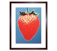 Artery8 Wall Art Print A Single Strawberry Block Colour Artwork Red on Blue Bold Bright Minimalist Kitchen Decor Artwork Framed 9X7 Inch Artery8 Brown W7" x H9"