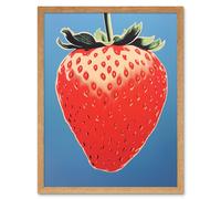 Artery8 Wall Art Print A Single Strawberry Block Colour Artwork Red on Blue Bold Bright Minimalist Kitchen Decor Art Framed | Size: W12" x H16" Artery8 Light Oak W12" x H16"