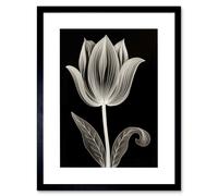 Artery8 Wall Art Print A Single Tulip Flower Black & White Folk Artwork Framed 9X7 Inch | Size: W7" x H9" Artery8 Black W7" x H9"