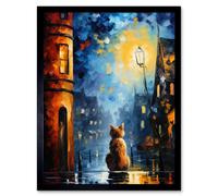 Artery8 Wall Art Print A Street Cat Named Desire Palette Knife Oil Painting Ginger Cat Village Night Art Framed in Black | Size: W12" x H16" Artery8 Black W12" x H16"