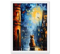 Artery8 Wall Art Print A Street Cat Named Desire Palette Knife Oil Painting Ginger Cat Village Night Artwork Framed A4 in White Artery8 White A4