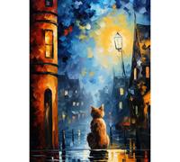 Artery8 Wall Art Print A Street Cat Named Desire Palette Knife Oil Painting Ginger Cat Village Night Poster in Blue | Size: W24" x H32" Artery8 Blue W24" x H32"