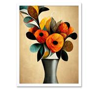 Artery8 Wall Art Print Abstract Autumn Field Flower Bouquet Silver Vase Orange Art Framed in White | Size: W12" x H16" Artery8 White W12" x H16"