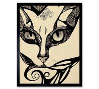 Artery8 Wall Art Print Abstract Boho Portrait Cat Sketch Cat Tribal Intricate Art Framed in Black | Size: W12" x H16" Artery8 Black W12" x H16"