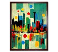 Artery8 Wall Art Print Abstract Bright Midcentury Style Colourful Cityscape Skyline Painting Blue Red Yellow Pink Green Art Framed Artery8 Brown W12" x H16"