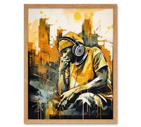 Artery8 Wall Art Print Abstract Cityscape Young Man Wearing Headphones Listening to Music Modern Watercolour Art Framed | Size: W12" x H16" Artery8 Light Oak W12" x H16"
