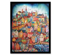 Artery8 Wall Art Print Abstract Fishing Village Folk Art Framed in Black | Size: W12" x H16" Artery8 Black W12" x H16"