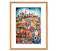 Artery8 Wall Art Print Abstract Fishing Village Folk Artwork Framed 9X7 Inch in Beige | Size: W7" x H9" Artery8 Beige W7" x H9"