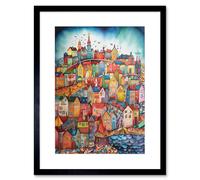 Artery8 Wall Art Print Abstract Fishing Village Folk Artwork Framed 9X7 Inch in Black | Size: W7" x H9" Artery8 Black W7" x H9"